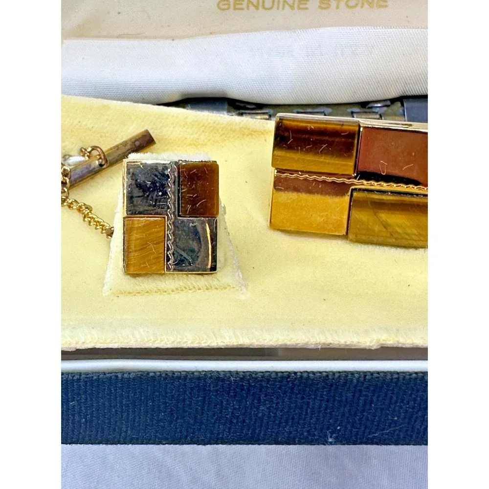 Anson Cufflinks Tie Tack Set Tigers Eye Gold Tone Brown Rectangle Boxed VTG